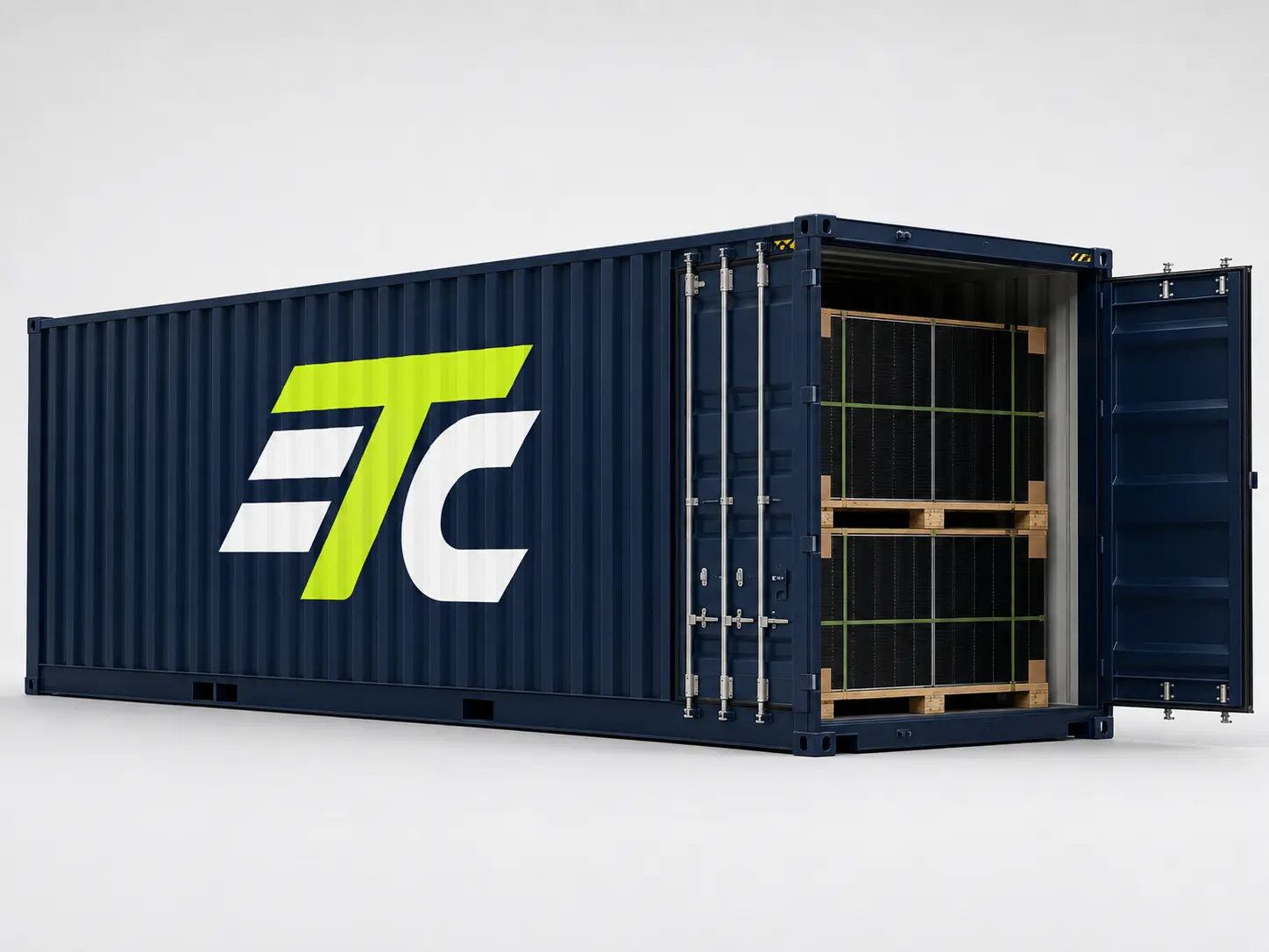ETC-branded 40-foot high-cube container loaded with pallets of solar modules